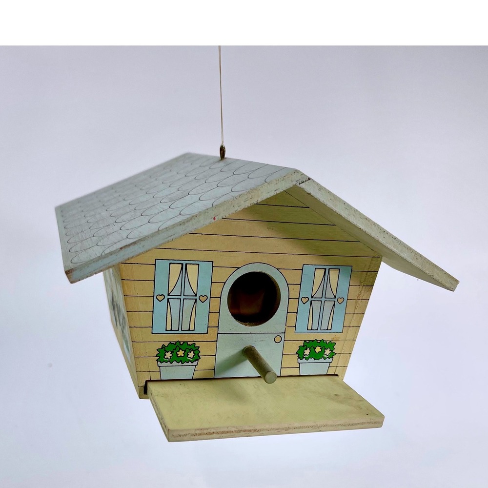 Vintage Style Wooden Hanging Birdhouse Cottagecore Yellow Blue Garden Decor